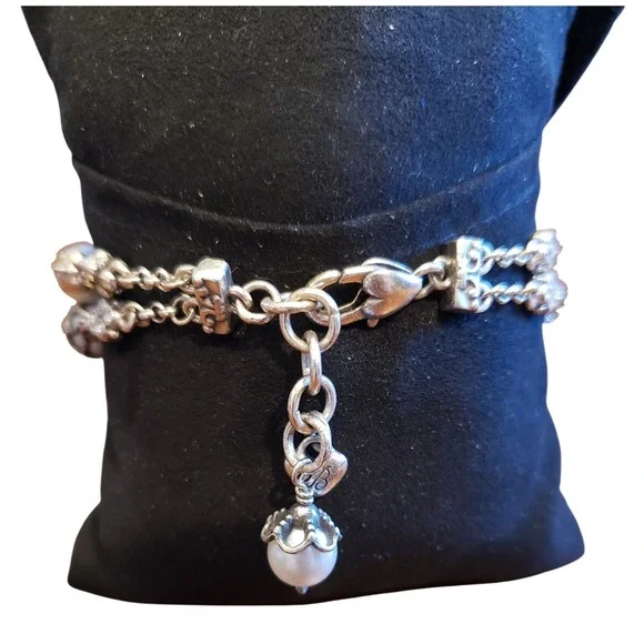 Brighton Pearl Rhinestone Silver Tone Bracelet Double Strand Adjustable Jewelry - Picture 4 of 5